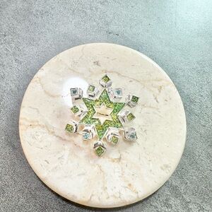 Vintage Christopher Radko Green Glitter Silver Tone  Snow Flake Brooch Pin